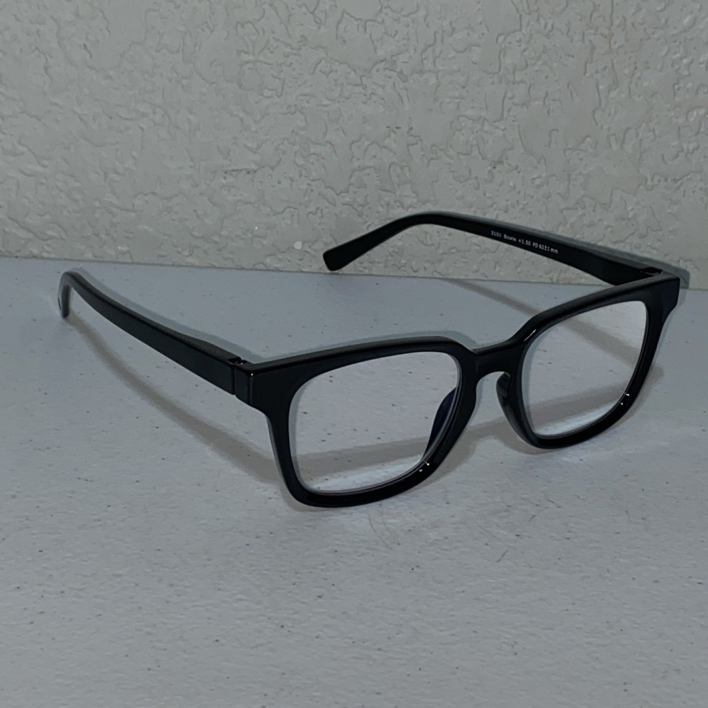 Peepers Reading Glasses +1.50 Blue Light Block Solid Black Classic Square Bowie